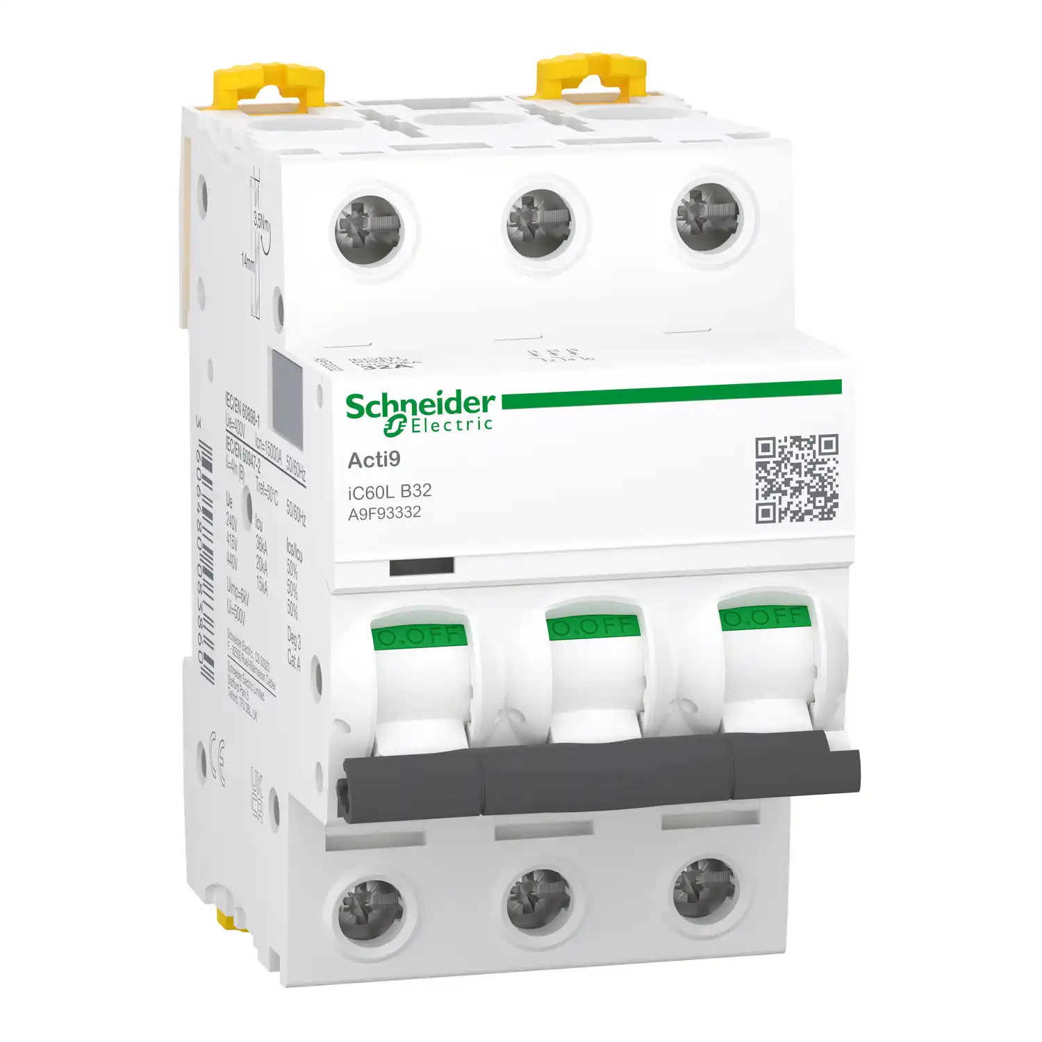 Schneider Electric - A9F93332 - Minyatür devre kesici, Acti9 iC60L, 3P, 32 A, B eğrisi, 15000 A (IEC 60898-1), 20 kA (IEC 60947-2) - 1
