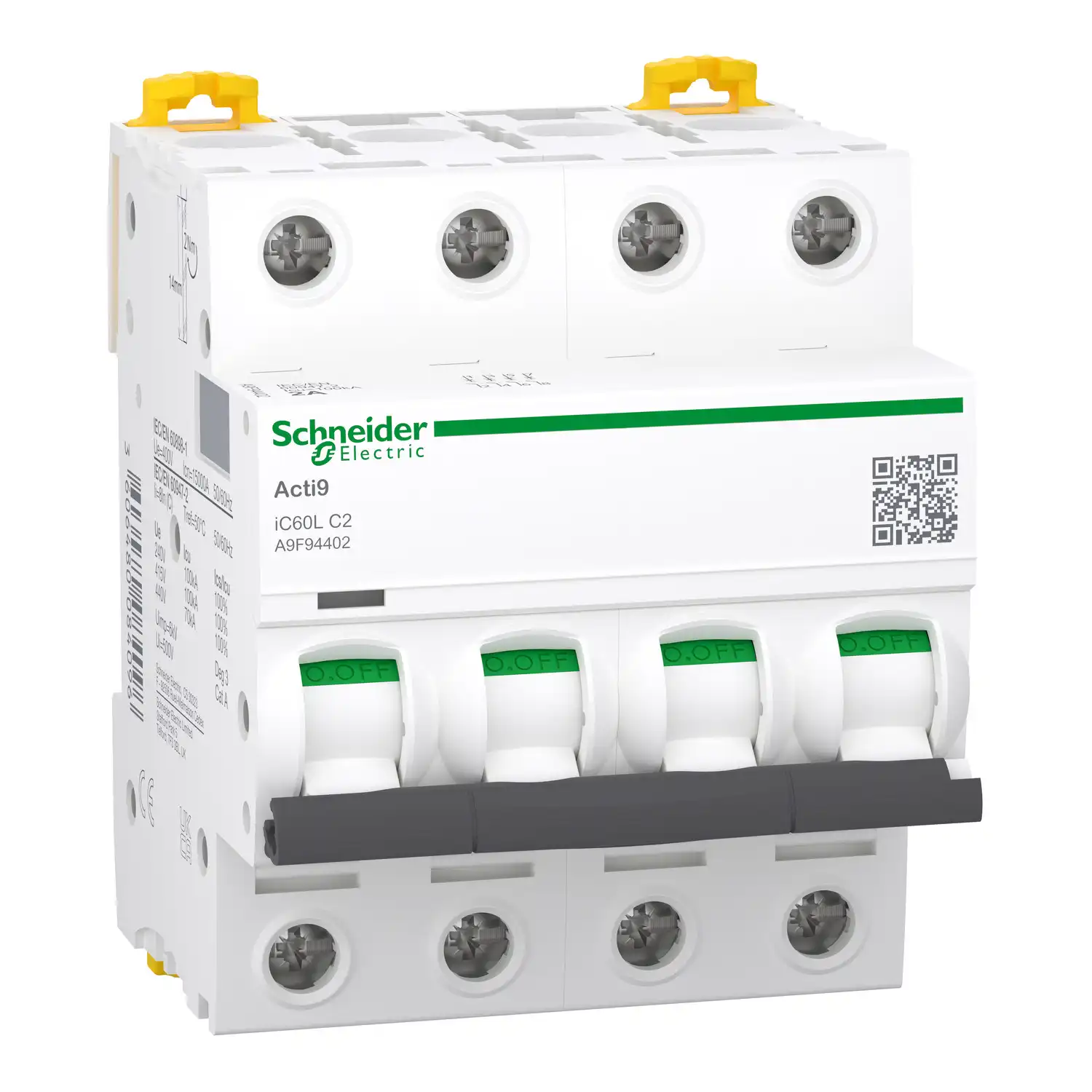 Schneider Electric - A9F94402 - Minyatür devre kesici, Acti9 iC60L, 4P, 2 A, C eğrisi, 15000 A (IEC 60898-1), 100 kA (IEC 60947-2) - 1