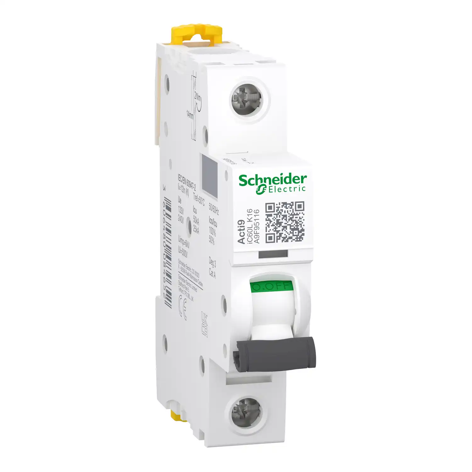 Schneider Electric - A9F95116 - Minyatür devre kesici, Acti9 iC60L, 1P, 16 A, K eğrisi, 15000 A (IEC 60898-1), 25 kA (IEC 60947-2) - 1