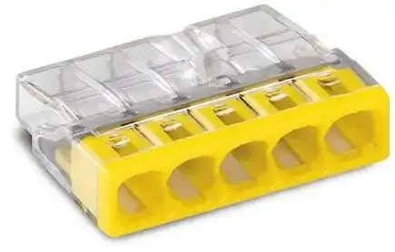 Wago - 2273-205 - PUSH WIRE® birleştirme konektörü; tek damarlı iletkenler için; maks. 2,5 mm²; 5 iletkenli; saydam gövde; sarı kapak; Ortam sıcaklığı: maks. 60 °C (T60); 2,50 mm²; şeffaf - 1